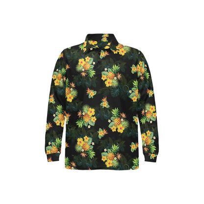Pineapple Tropical Flower Print Pattern Long Sleeve Polo Shirt For Men's