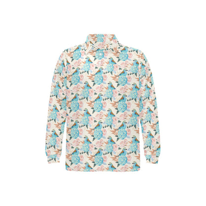 Bluebird Pattern Print Design 03 Long Sleeve Polo Shirt For Men's