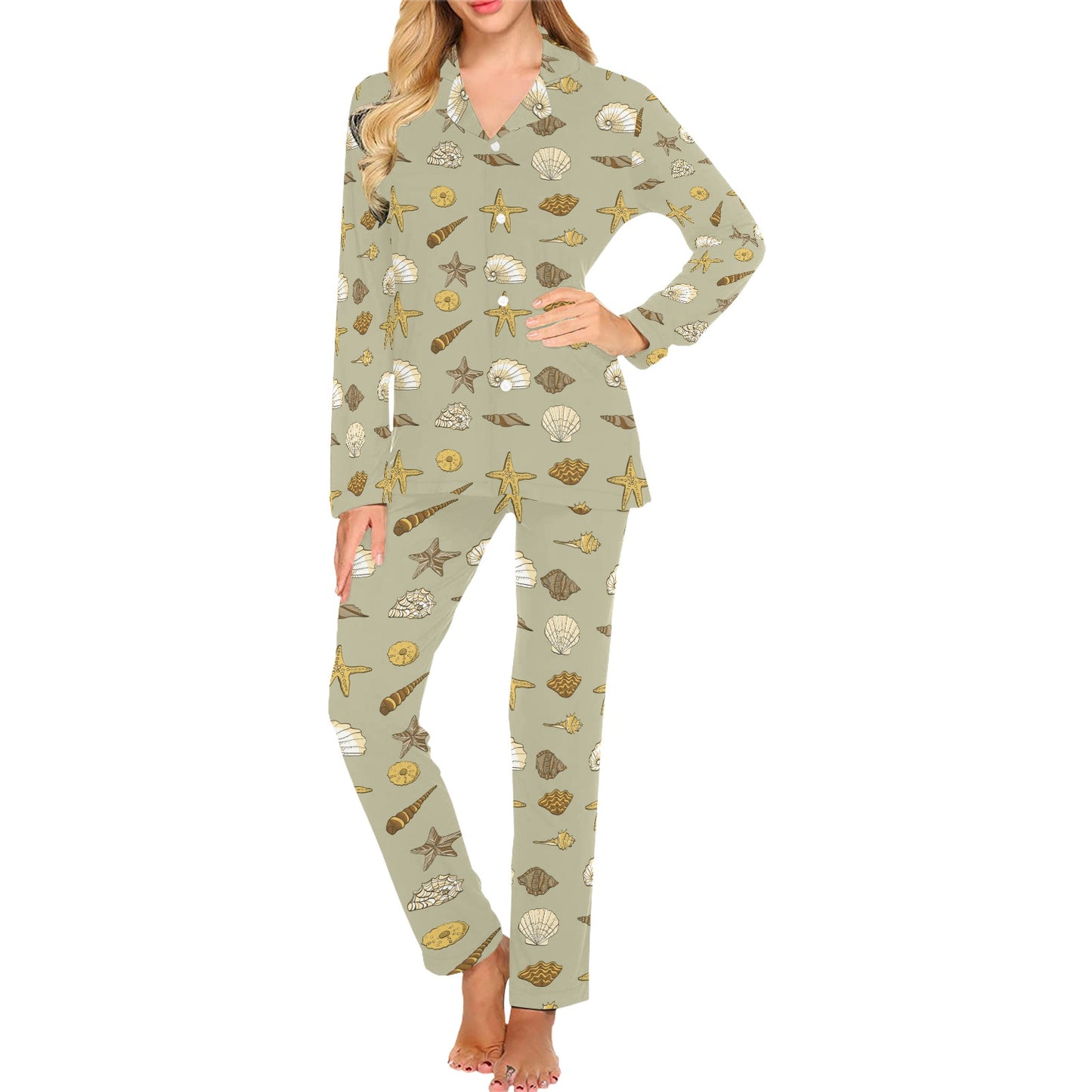 Seashell Beach Print Design LKS303 Women's Long Pajama Set