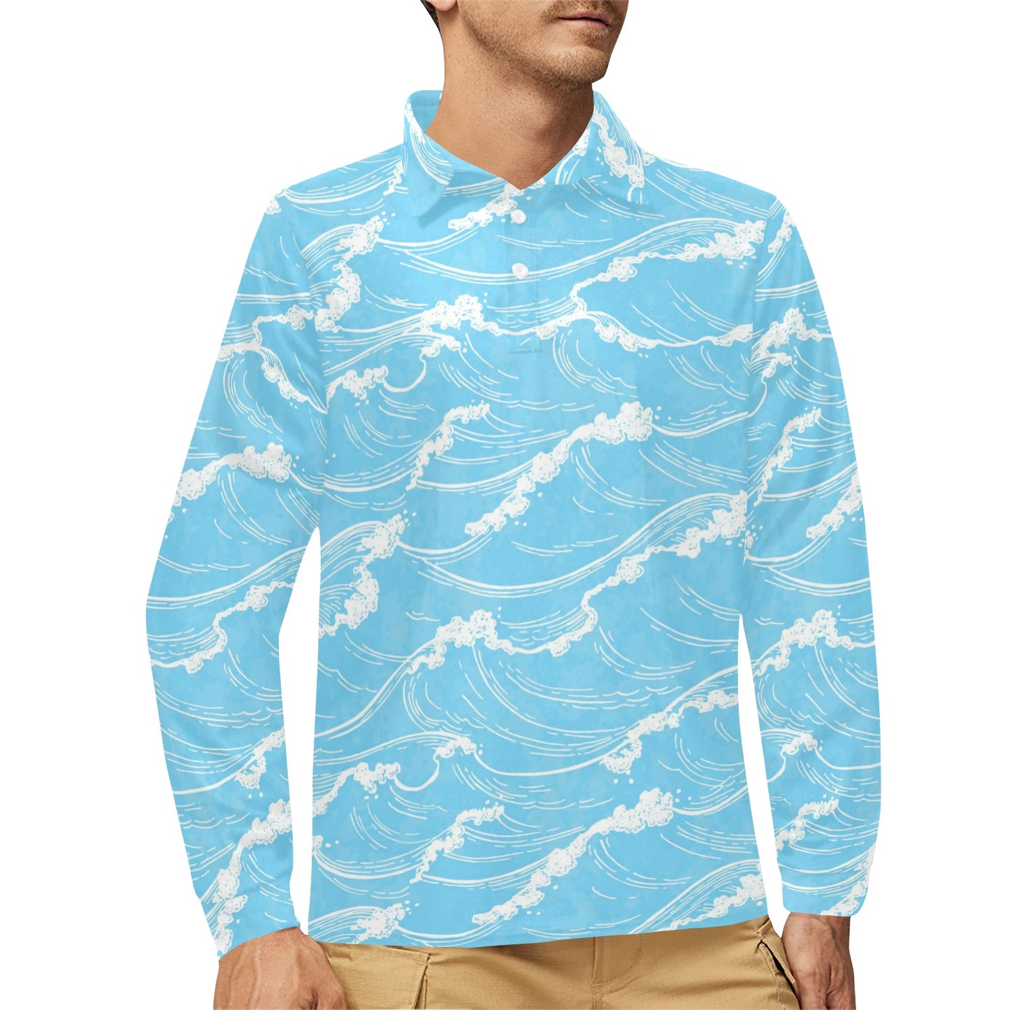 Ocean Wave Pattern Print Design A01 Long Sleeve Polo Shirt For Men's