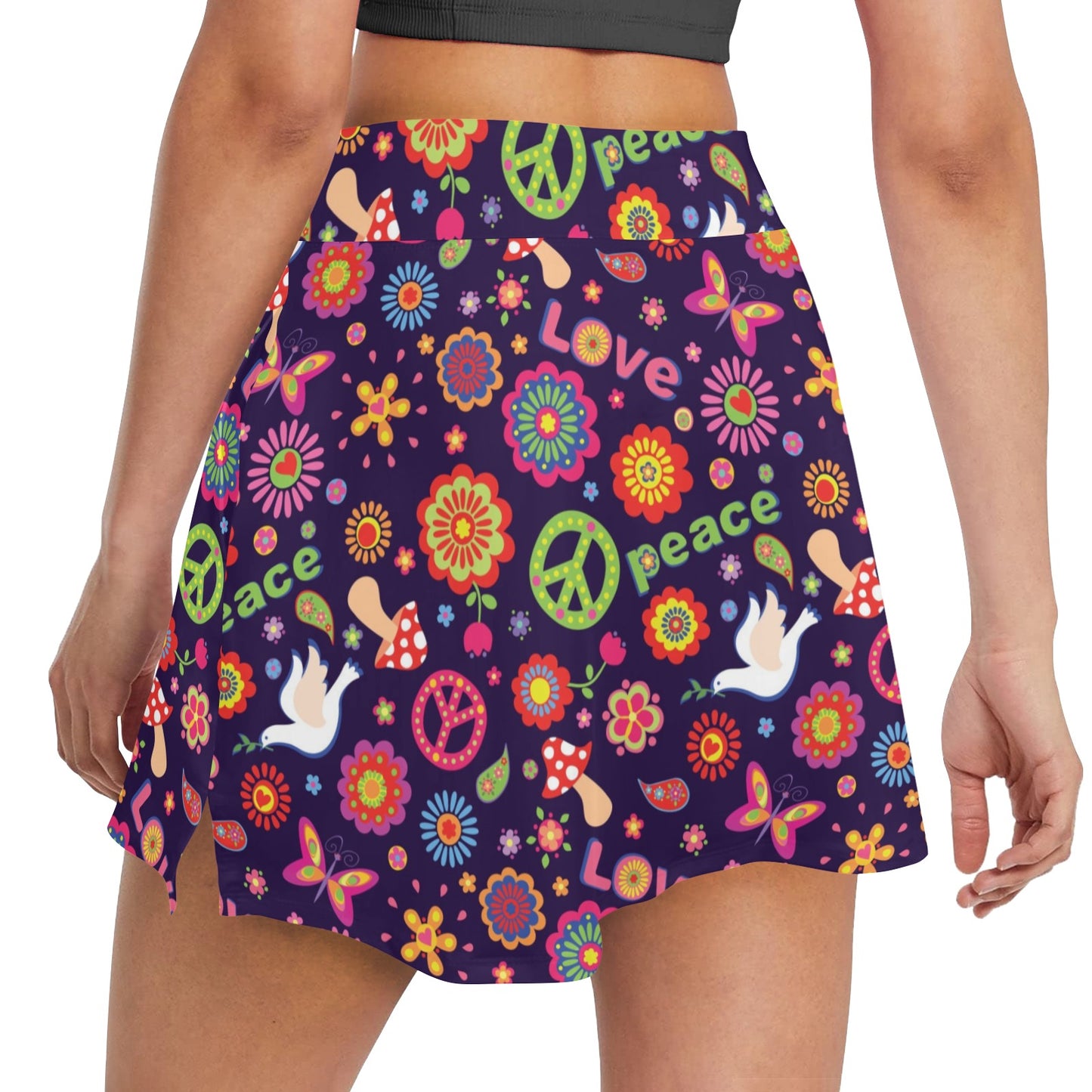 Flower Power Peace Design Print Women's Golf Skirt with Pocket