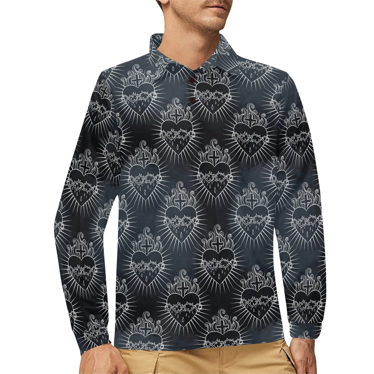 Christian Heart Tattoo Style Long Sleeve Polo Shirt For Men's
