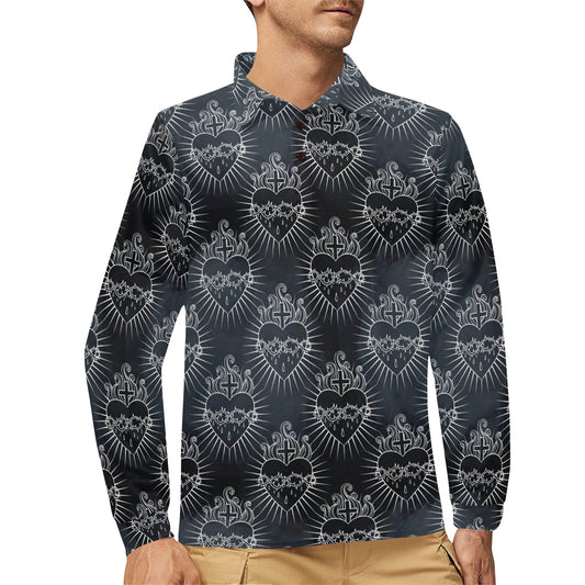 Christian Heart Tattoo Style Long Sleeve Polo Shirt For Men's