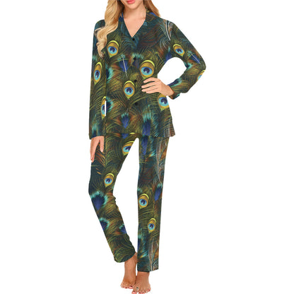 Peacock Feather Pattern Print Design A03 Women's Long Pajama Set