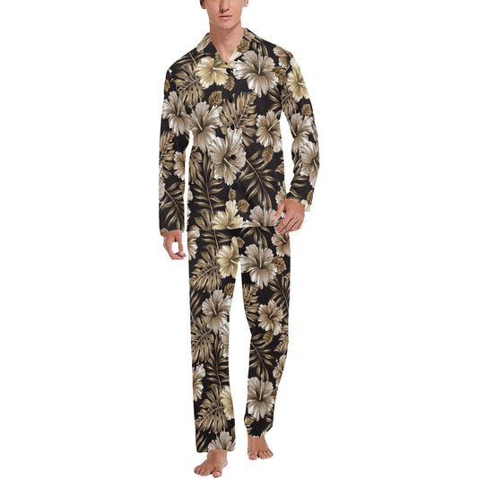 Brown Hibiscus Tropical Men's Long Pajama Set
