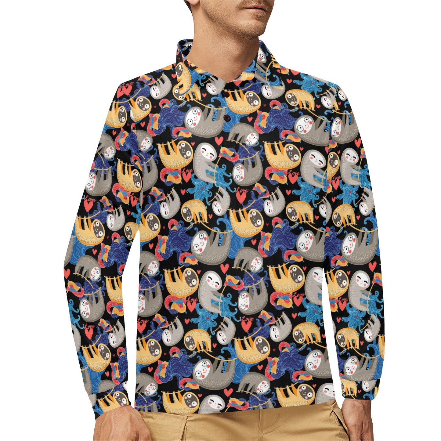 Sloth Cartoon Design Themed Print Long Sleeve Polo Shirt For Men's