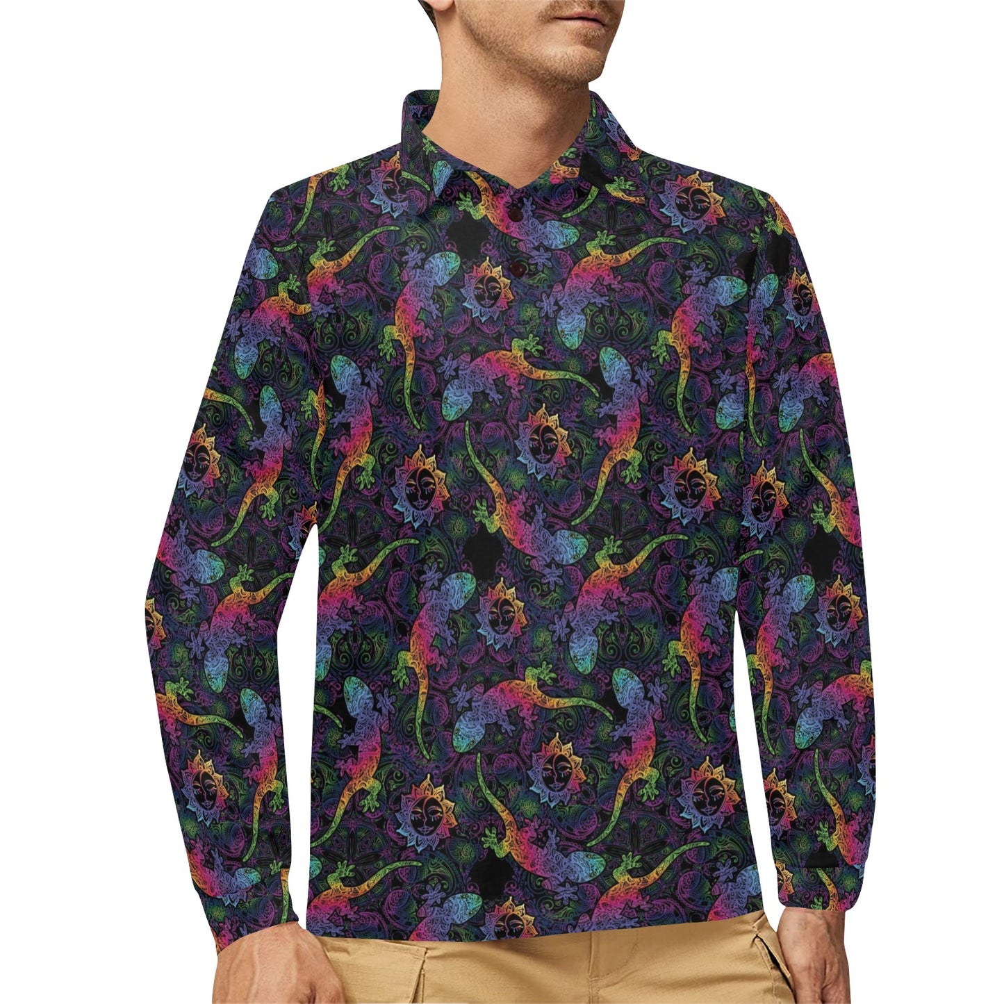 Gecko Rainbow Pattern Print Design 03 Long Sleeve Polo Shirt For Men's
