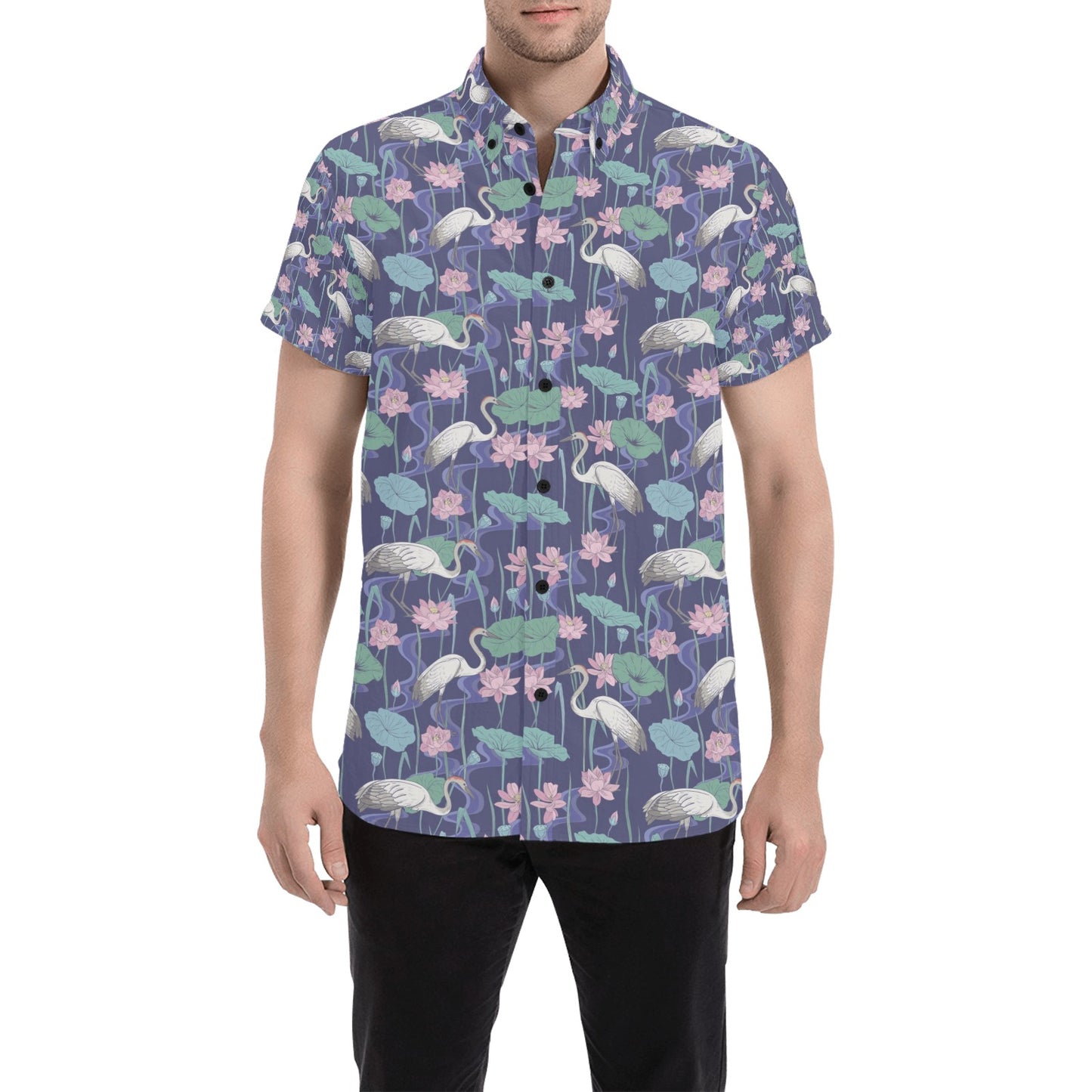 Water Lily Print Design LKS306 Men Short Sleeve Button Up Shirt