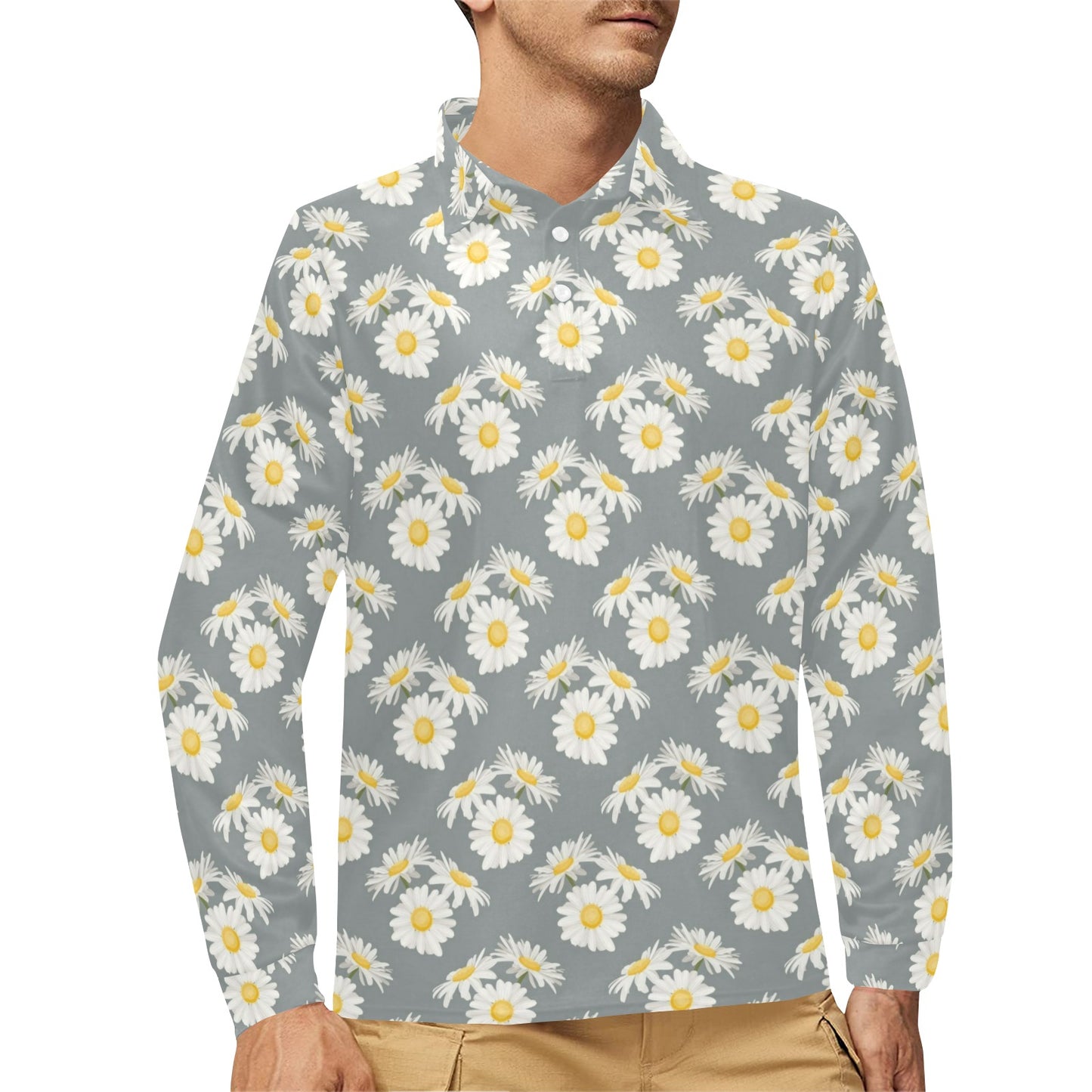 Daisy Pattern Print Design DS09 Long Sleeve Polo Shirt For Men's