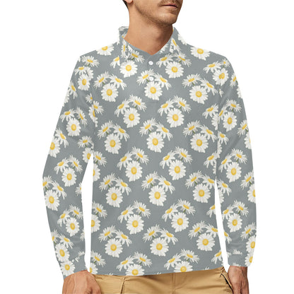Daisy Pattern Print Design DS09 Long Sleeve Polo Shirt For Men's