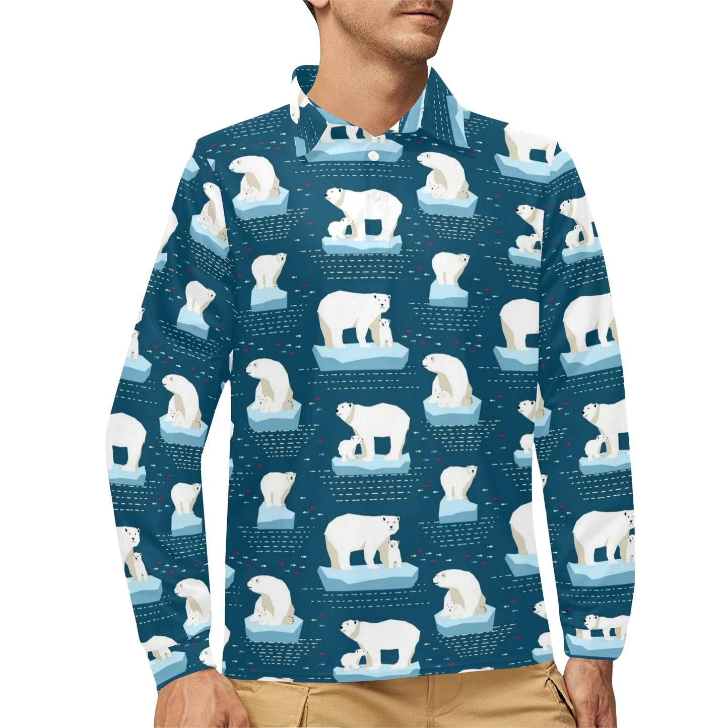 Polar Bear Pattern Print Design PB02 Long Sleeve Polo Shirt For Men's