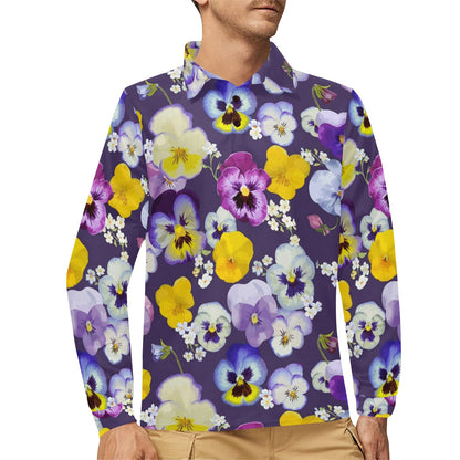 Pansy Pattern Print Design PS02 Long Sleeve Polo Shirt For Men's