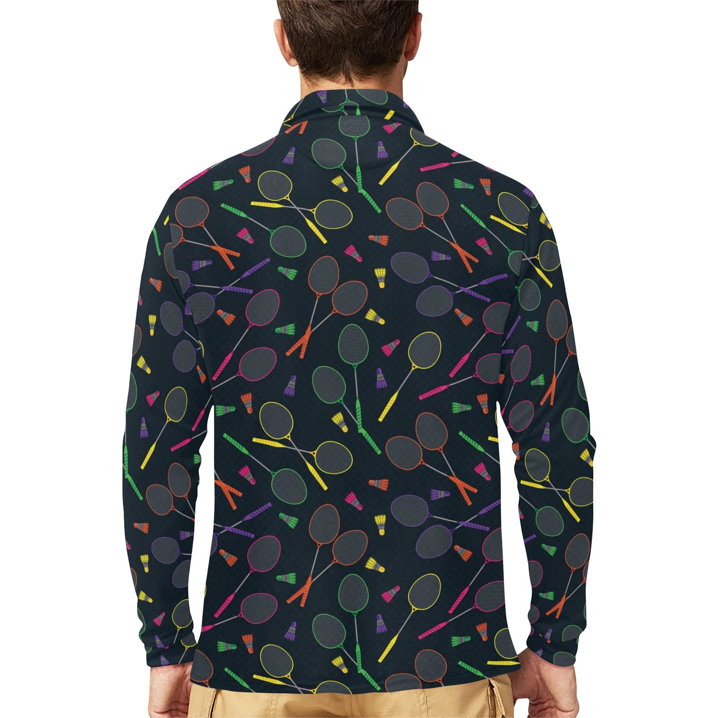 Badminton Pattern Print Design 04 Long Sleeve Polo Shirt For Men's