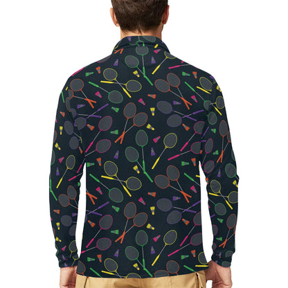 Badminton Pattern Print Design 04 Long Sleeve Polo Shirt For Men's