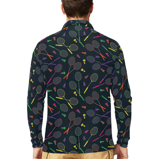 Badminton Pattern Print Design 04 Long Sleeve Polo Shirt For Men's