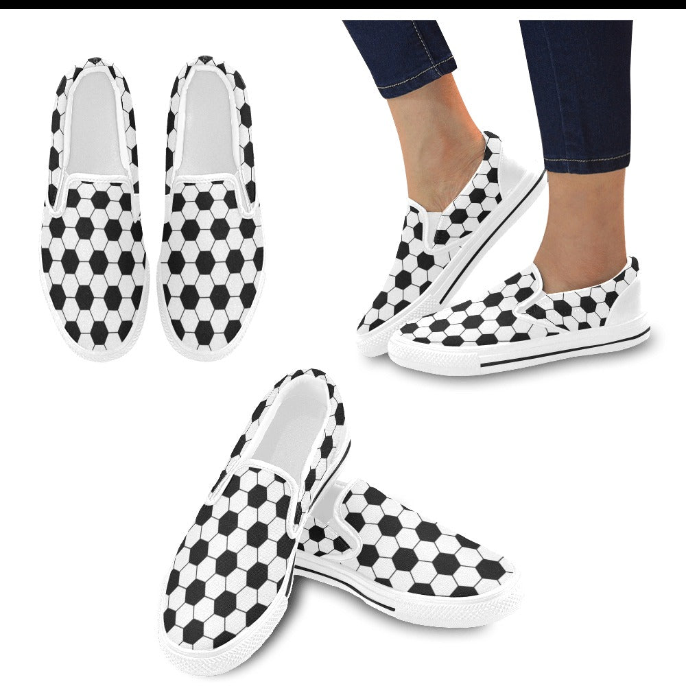 Soccer Ball Texture Print Design LKS303 White Slip Ons Canvas Women's Shoes