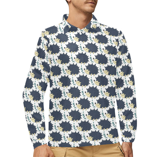 Hedgehog Print Design LKS401 Long Sleeve Polo Shirt For Men's