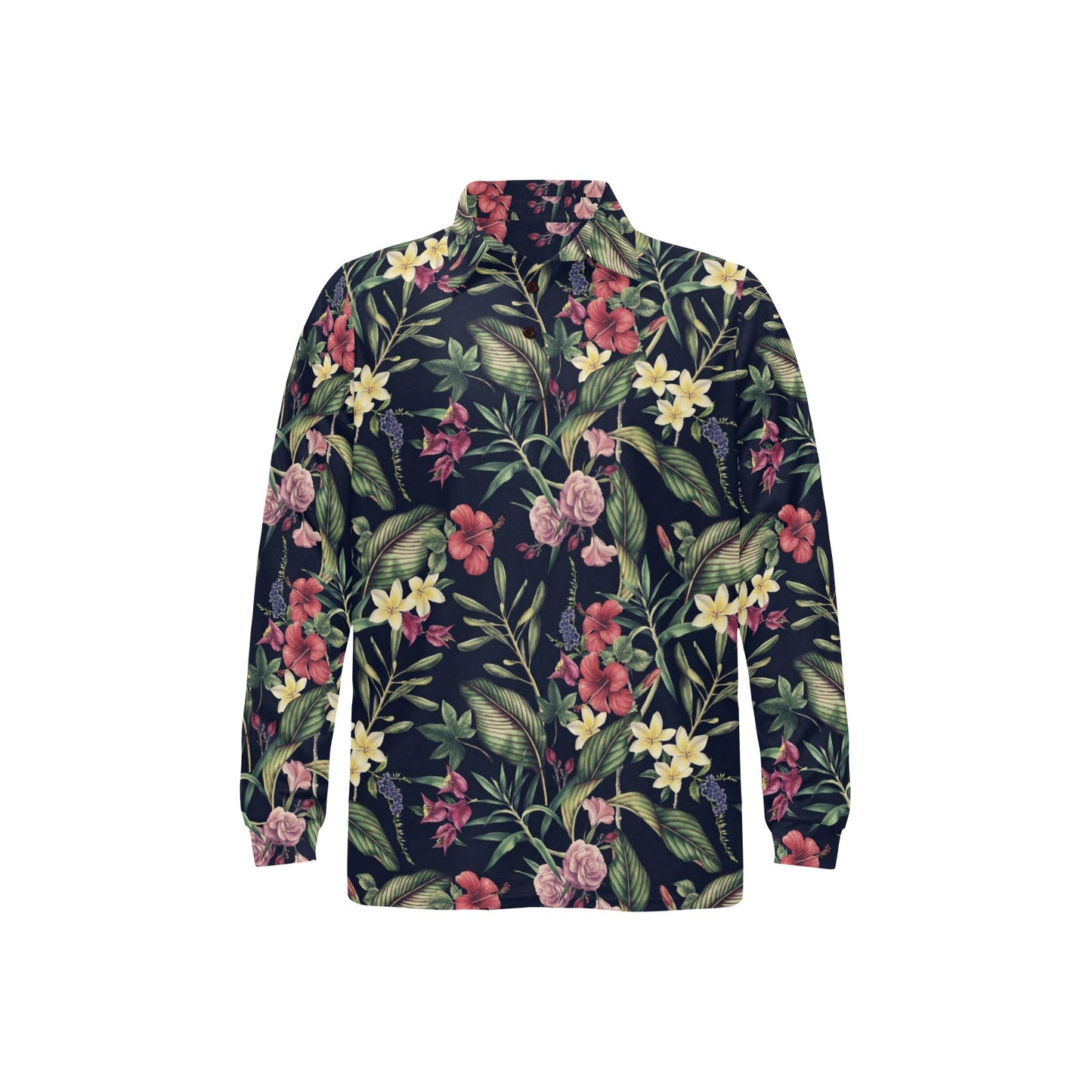 Tropical Flower Pattern Long Sleeve Polo Shirt For Men's