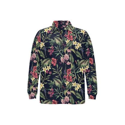 Tropical Flower Pattern Long Sleeve Polo Shirt For Men's