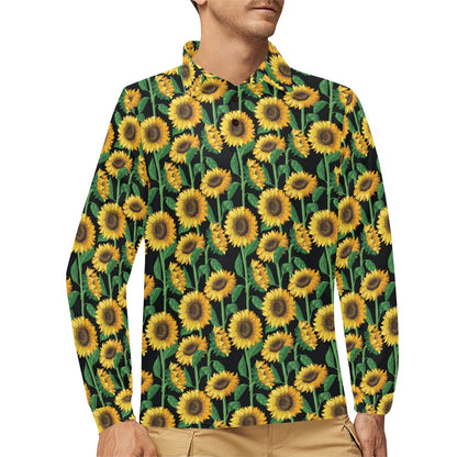 Sunflower Realistic Print Pattern Long Sleeve Polo Shirt For Men's
