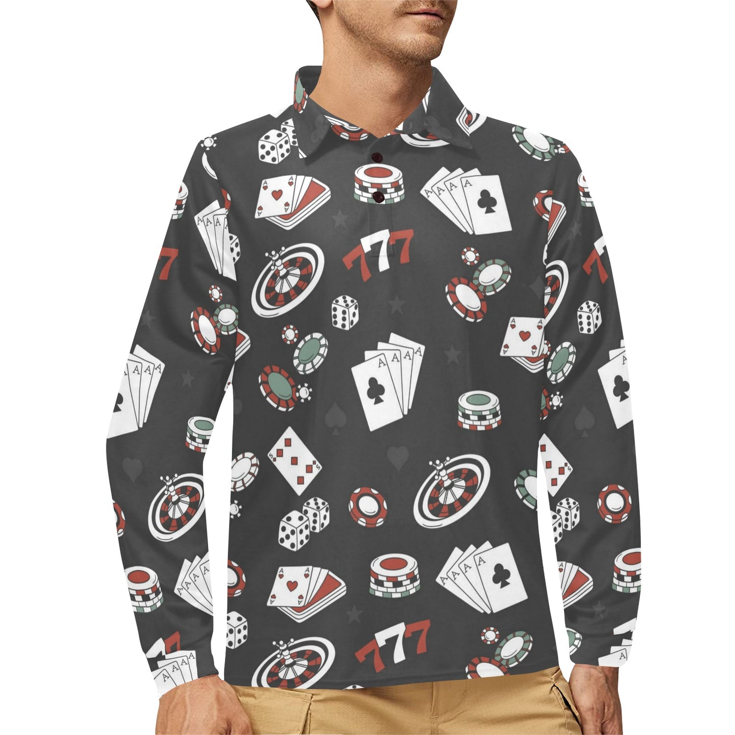 Casino Pattern Print Design 02 Long Sleeve Polo Shirt For Men's