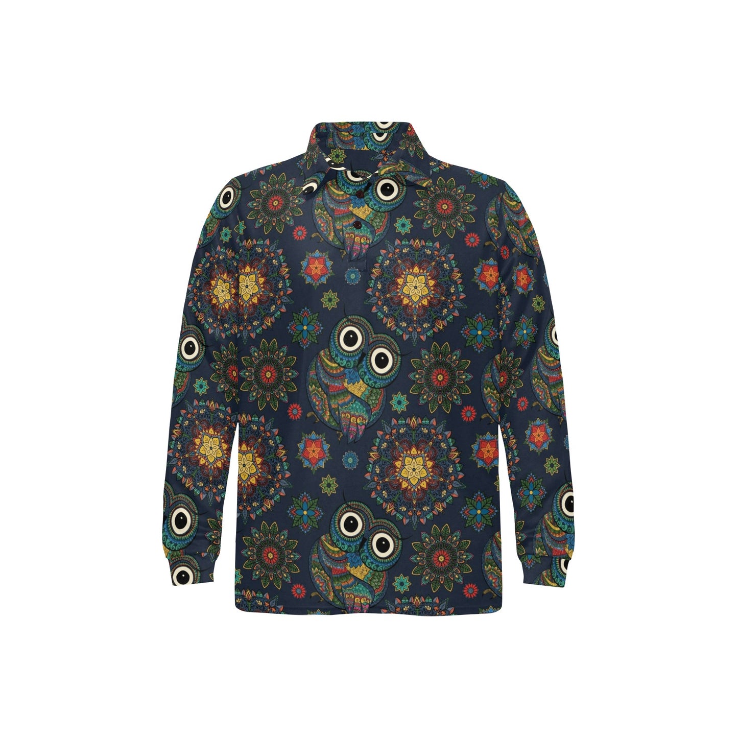Owl Boho Style Pattern Print Design A04 Long Sleeve Polo Shirt For Men's