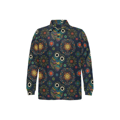 Owl Boho Style Pattern Print Design A04 Long Sleeve Polo Shirt For Men's