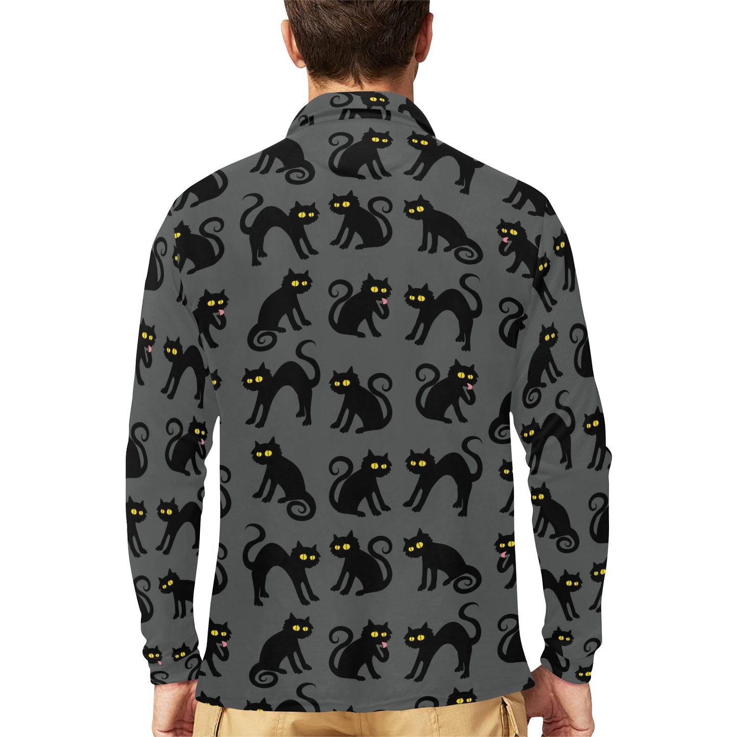 Black Cat Cute Print Pattern Long Sleeve Polo Shirt For Men's