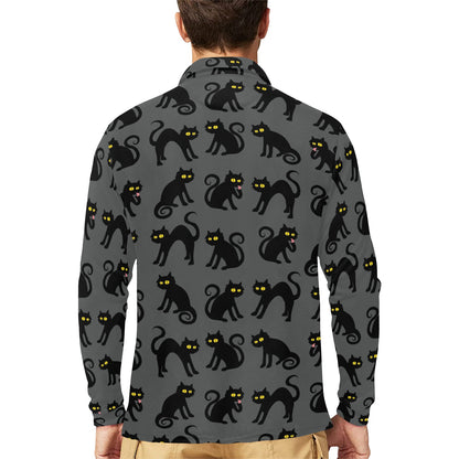Black Cat Cute Print Pattern Long Sleeve Polo Shirt For Men's