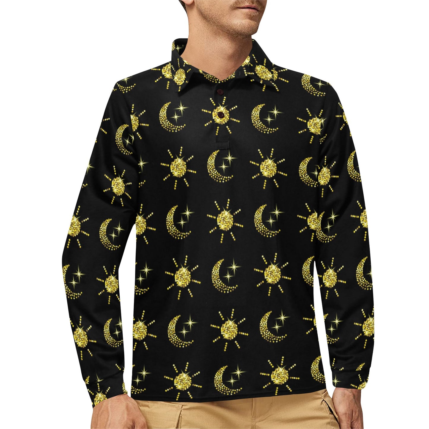 Sun Moon Print Design LKS304 Long Sleeve Polo Shirt For Men's