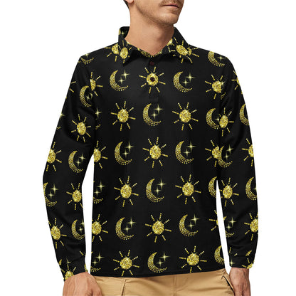 Sun Moon Print Design LKS304 Long Sleeve Polo Shirt For Men's