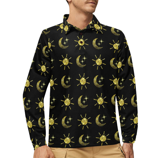 Sun Moon Print Design LKS304 Long Sleeve Polo Shirt For Men's