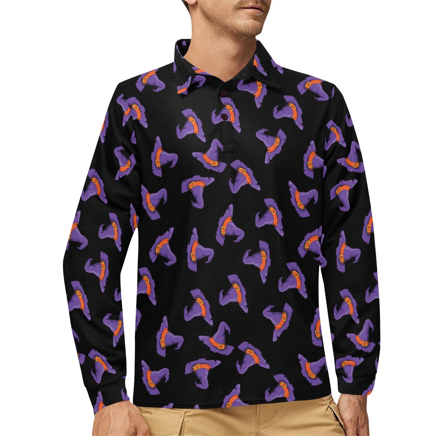 Witch Hat Print Design LKS304 Long Sleeve Polo Shirt For Men's