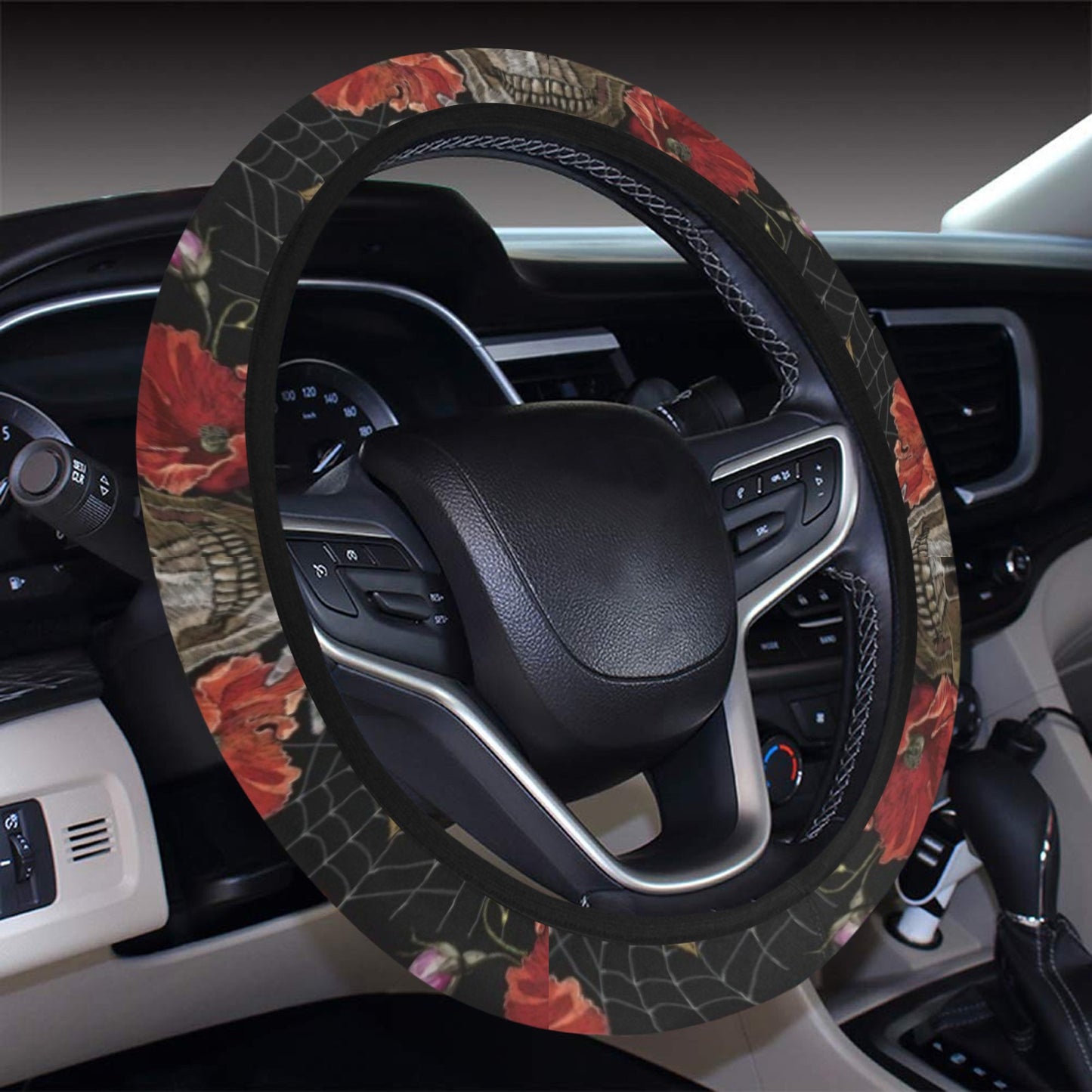Spider Web Skull Rose Print Design LKS305 Steering Wheel Cover with Elastic Edge