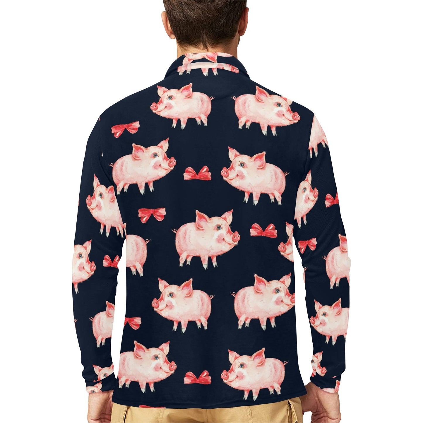 Pig Cute Pattern Print Design 02 Long Sleeve Polo Shirt For Men's