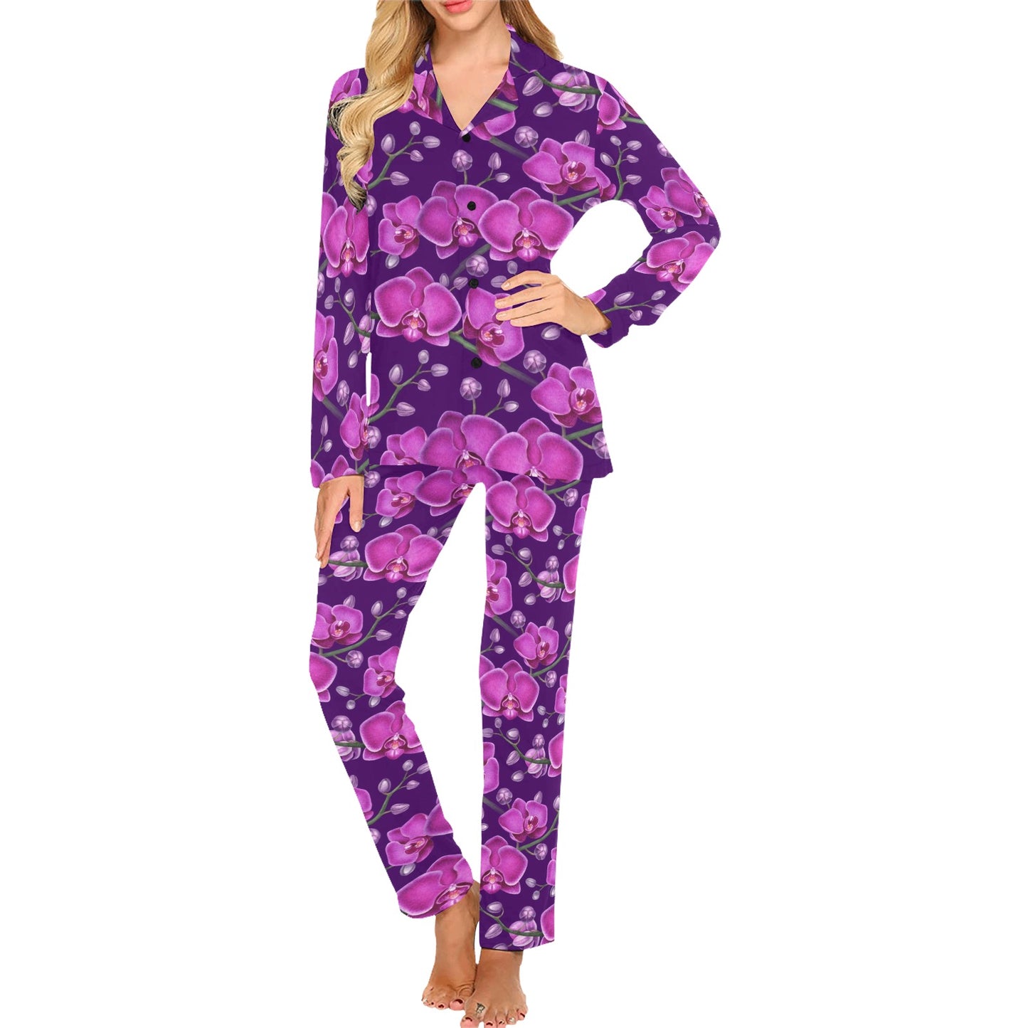 Orchid Purple Pattern Print Design OR02 Women's Long Pajama Set