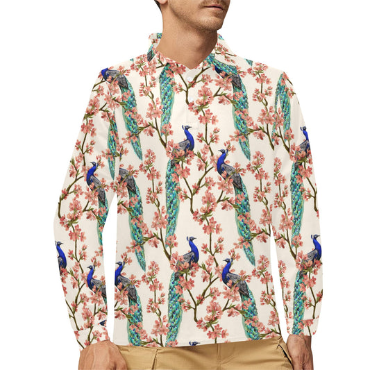 Cherry Blossom Peacock Long Sleeve Polo Shirt For Men's