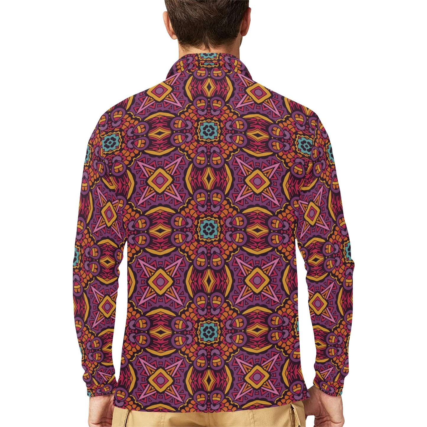 Bohemian Pattern Print Design 10 Long Sleeve Polo Shirt For Men's
