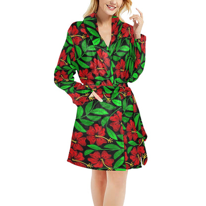 Red Hibiscus Embroidered Pattern Print Design HB032 Women's Fleece Robe