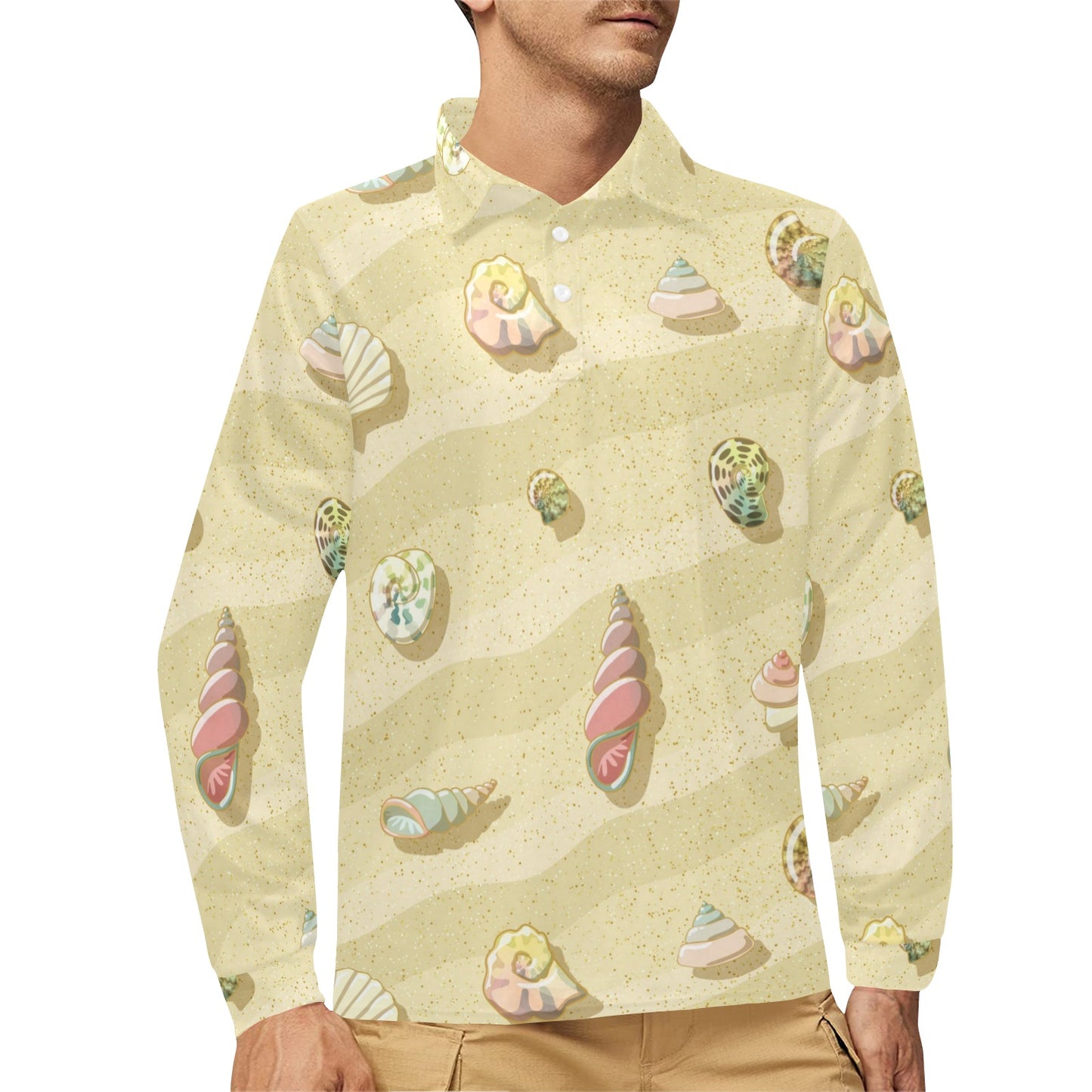 Beach with Seashell Theme Long Sleeve Polo Shirt For Men's