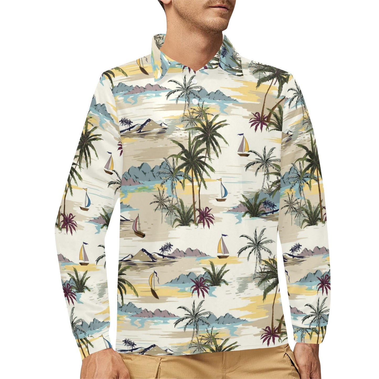 Palm Tree Beach Print Long Sleeve Polo Shirt For Men's