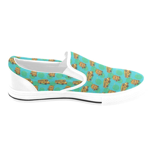 School Bus Print Design LKS308 White Slip Ons Canvas Women's Shoes