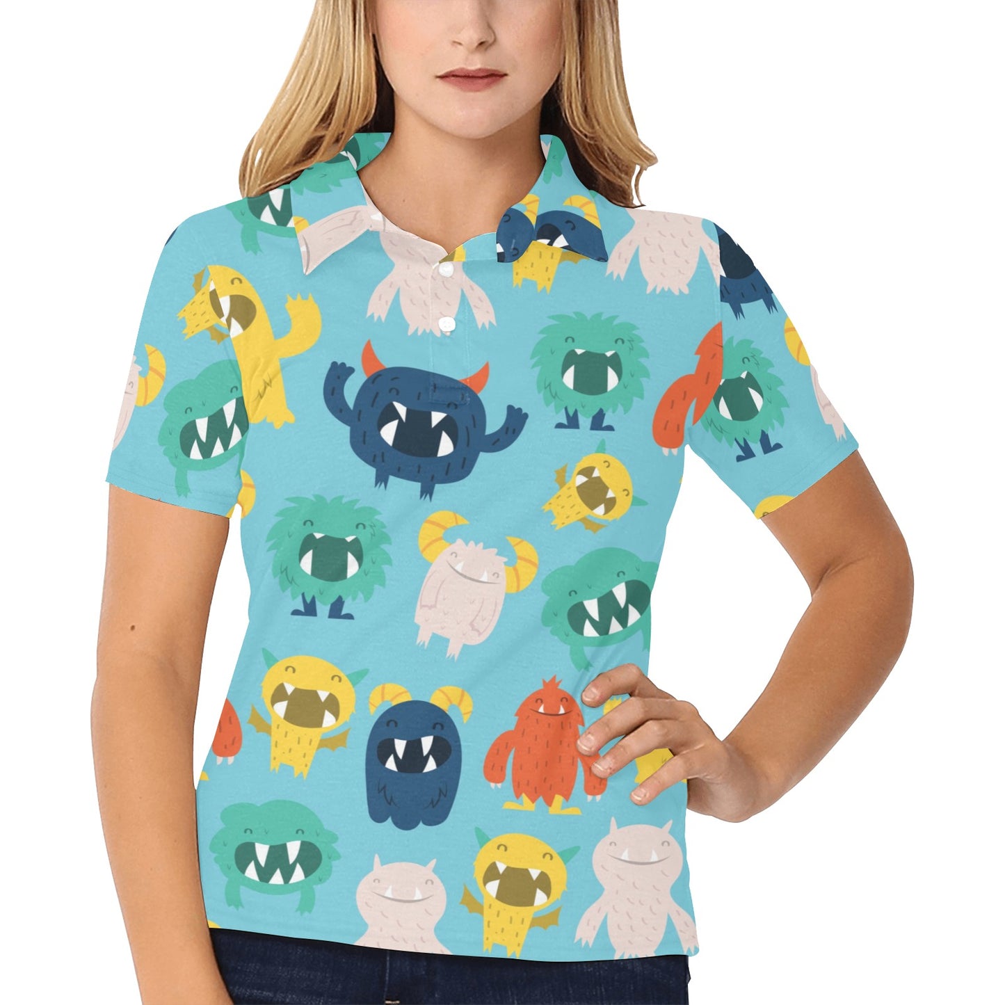 Monster Cartoon Pattern Print Design 03 Women's Polo Shirt