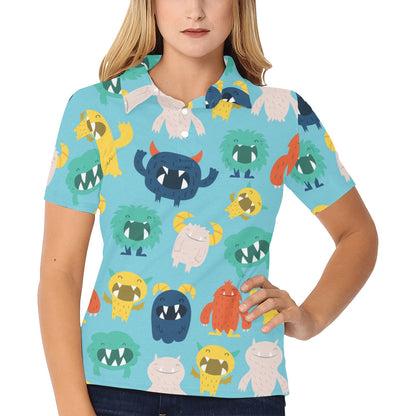 Monster Cartoon Pattern Print Design 03 Women's Polo Shirt