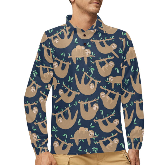 Sloth Print Design LKS307 Long Sleeve Polo Shirt For Men's