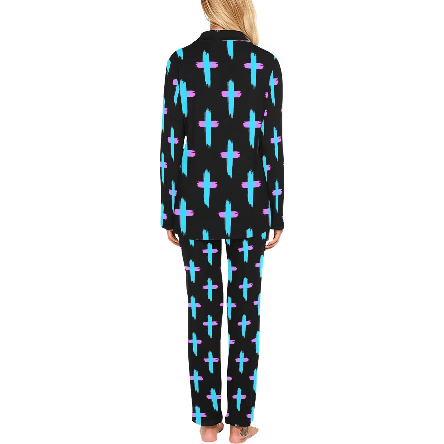 Christian Cross neon Pattern Women's Long Pajama Set