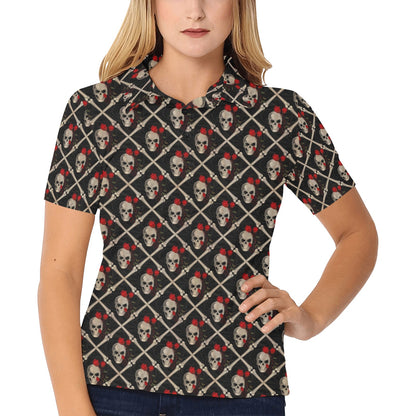 Skull Roses Bone Design Themed Print Women's Polo Shirt