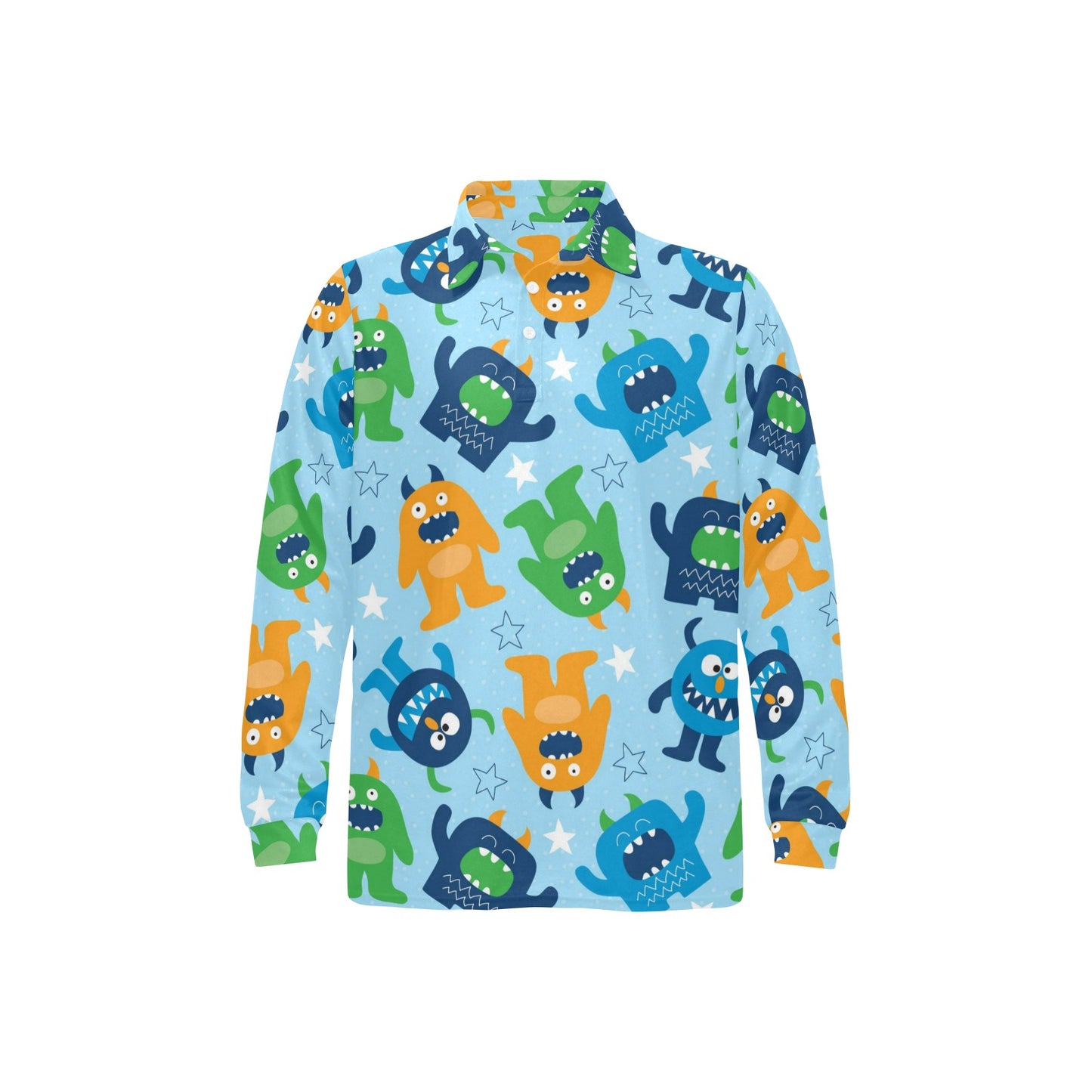 Monster Cartoon Pattern Print Design 04 Long Sleeve Polo Shirt For Men's