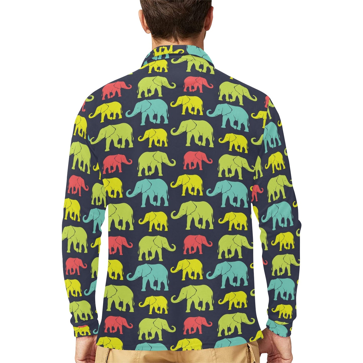 Elephant Neon Color Print Pattern Long Sleeve Polo Shirt For Men's