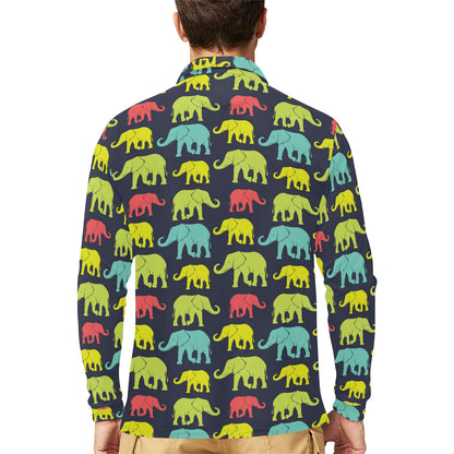 Elephant Neon Color Print Pattern Long Sleeve Polo Shirt For Men's